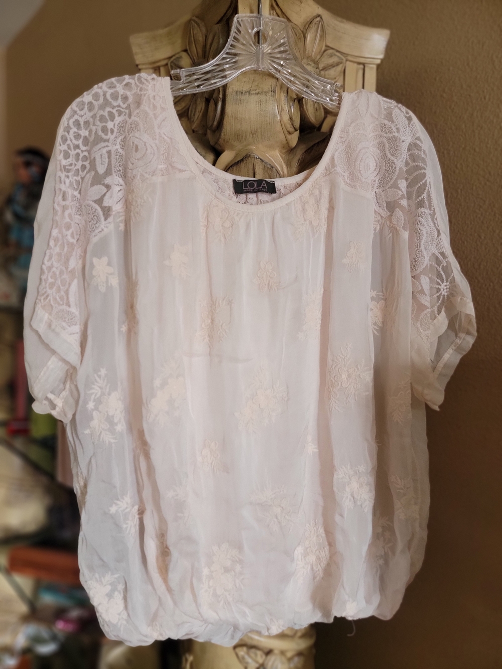 lola Made In Italy Silk Light Pink/Blush Lace Sleeve Embroidered Top